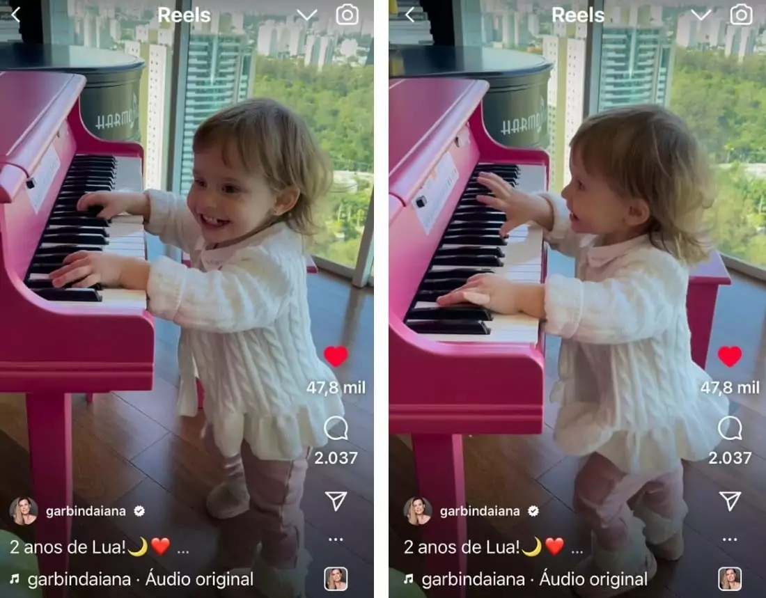 Lua, bebê de Daiana Garbin e Tiago Leifert, se divertindo com seu piano rosa 