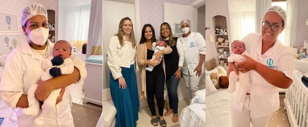 Viviane Araújo posa com as babás de seu filho na cobertura