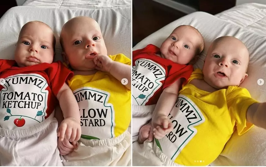 Bebês gêmeos de Isa Scherer surgem vestidos de comida e fofura do pequenos chamam a atenção