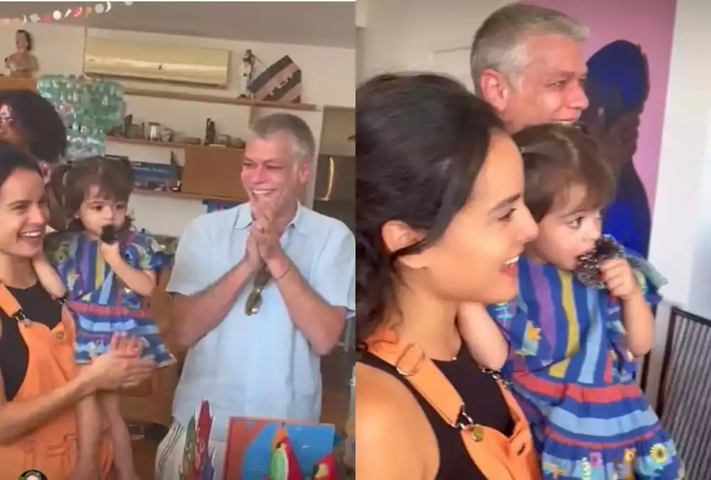 Fábio Assunção e a esposa surgem com a bebê na festa do filho de Letícia Colin