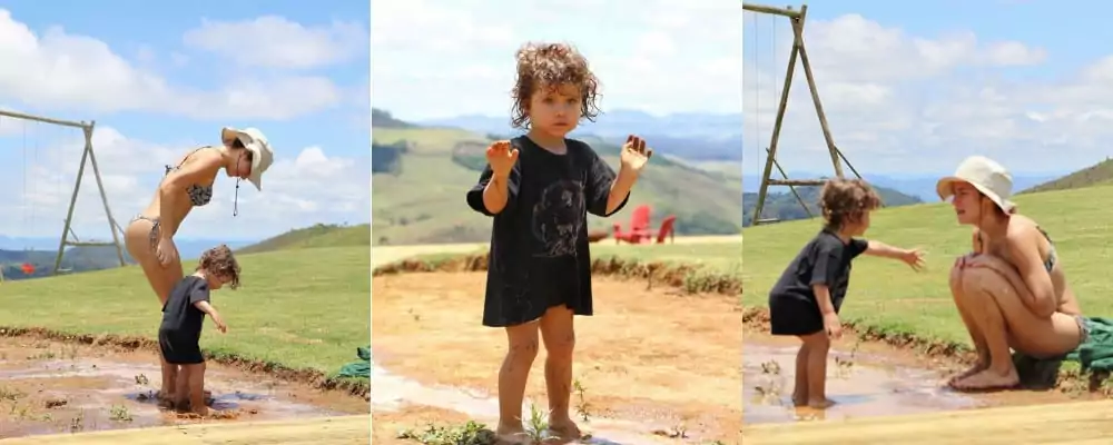 Giovanna Ewbank e seu filho mais novo brincam juntos no parquinho da fazenda da família