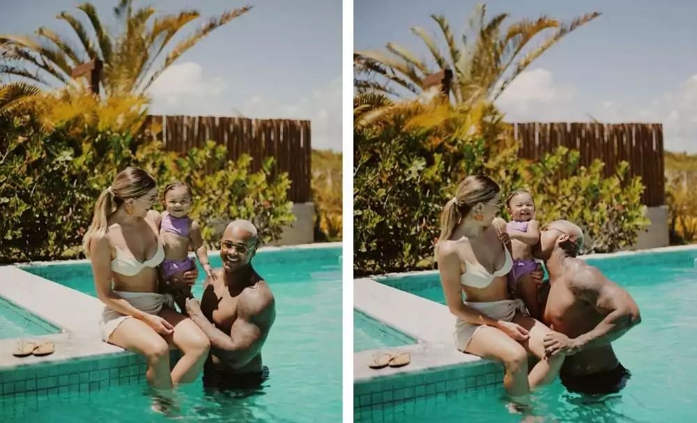 Liz, bebê de Lore e Léo Santana, se divertindo com os papais na piscina