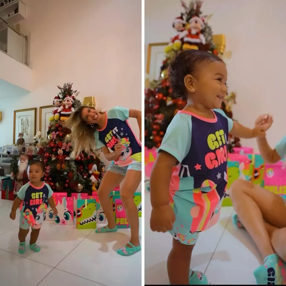 A dançarina Lorena Improta mostrou sua bebê se divertindo perto da árvore de Natal da família