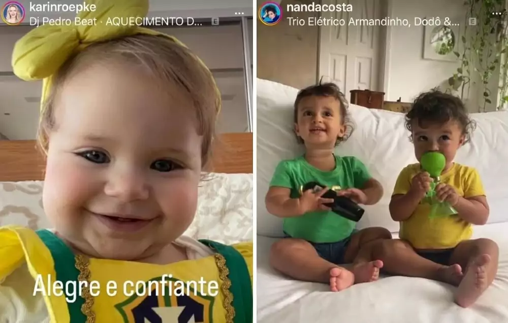 A bebê de Edson Celulari e Karin e as gêmeas de Nanda Costa e Lan torcendo pelo Brasil 