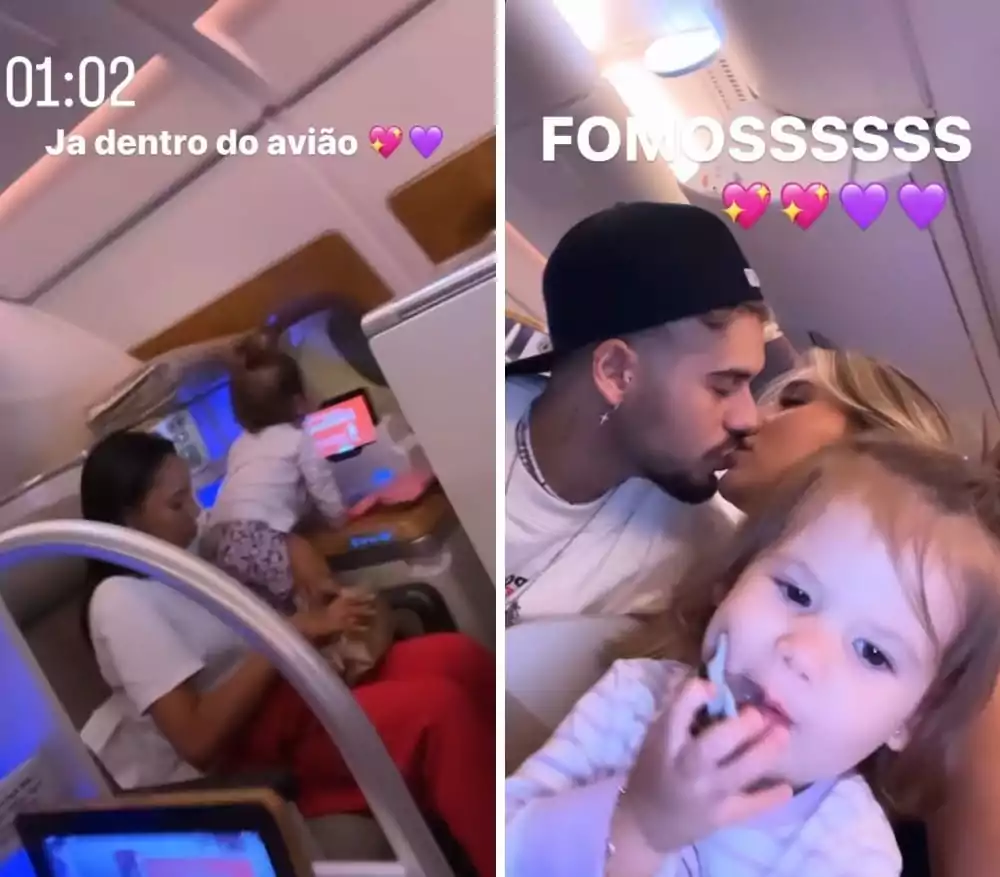 O cantor Zé Felipe e a influenciadora Virgínia na luxuosa aeronave com as bebês