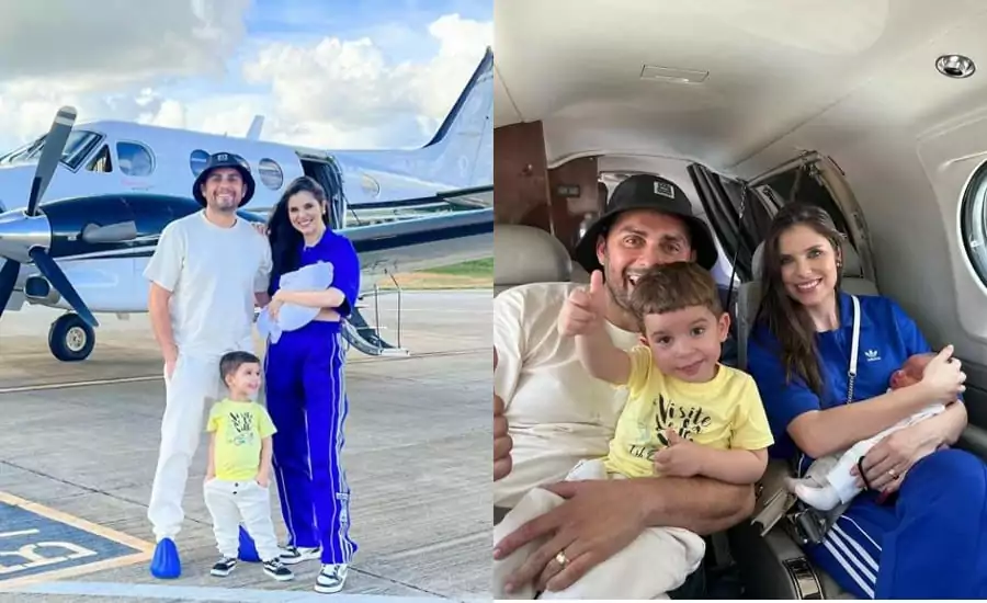Mano Walter e Débora Silva posam com os filhos em embarque de avião particular