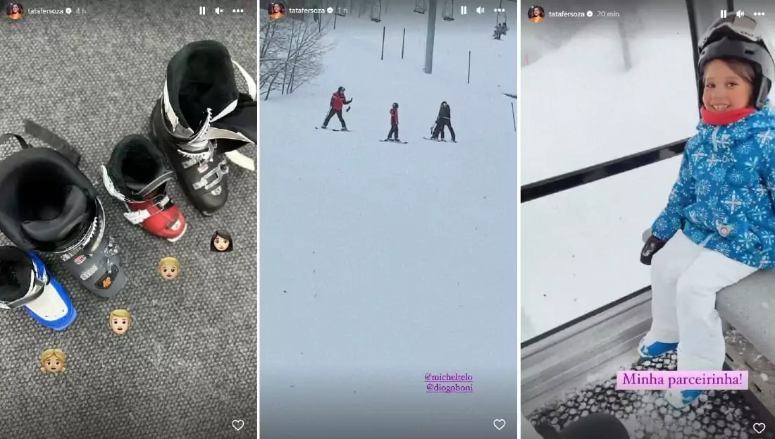 Thais e Michel Teló mostraram a família se divertindo na neve