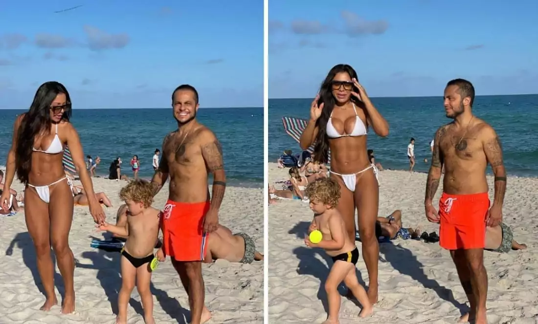 Os influenciadores Andressa e Thammy Miranda com o filho na praia de Miami