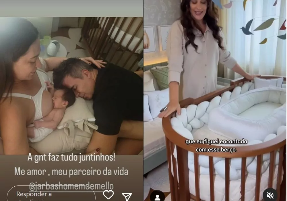 Claudia Raia junto com o filho e o marido no quarto do bebê