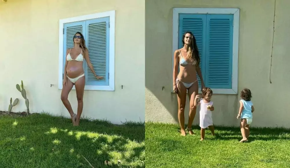 Esposa de Joaquim Lopes lembra gravidez e posa junto as suas gêmeas