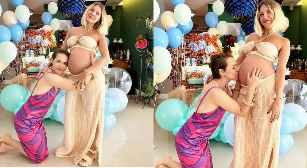 Letícia Colin posa mimando a amiga grávida de seu afilhado