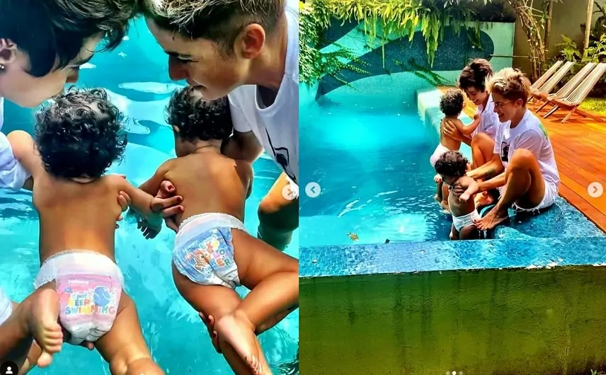 Nanda Costa e sua esposa surgem com suas filhas gêmeas na piscina de mansão e encantam 