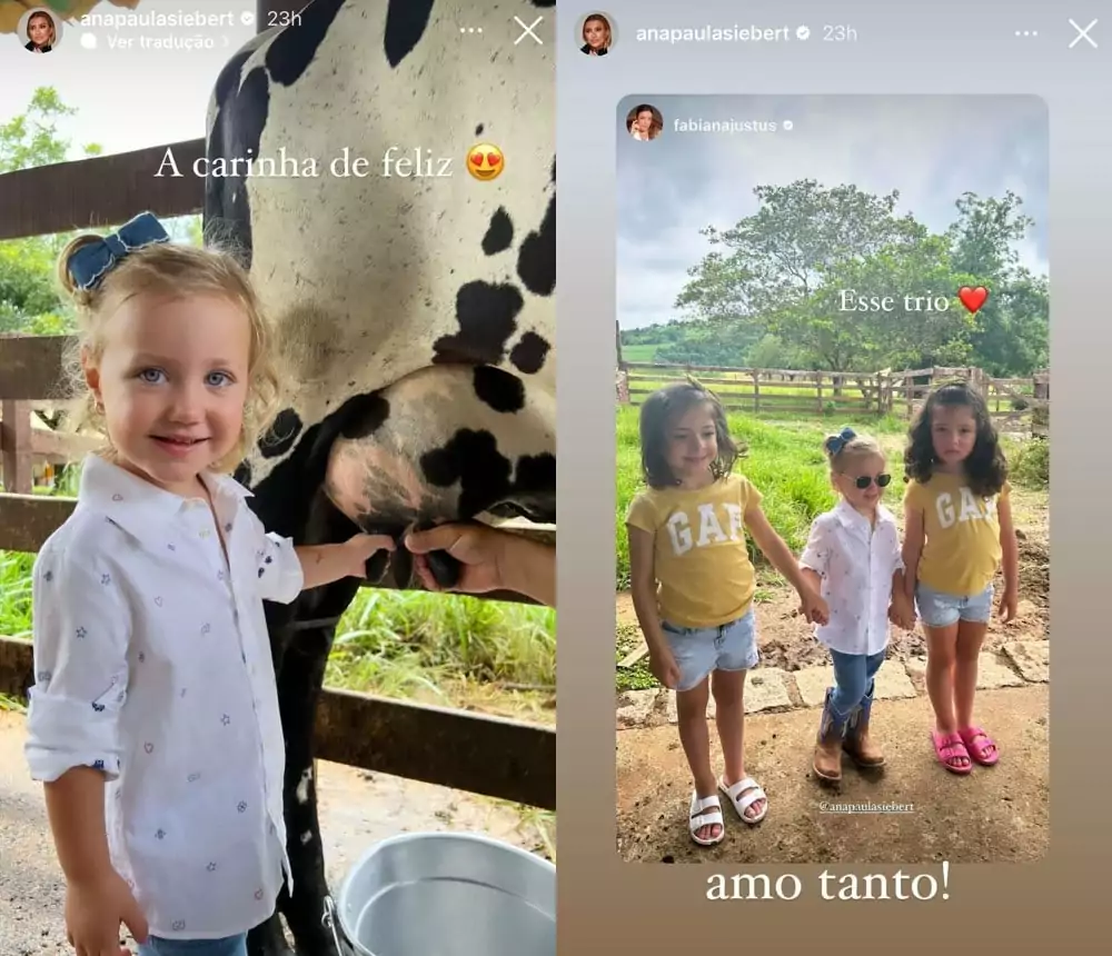 Filha mais nova de Roberto Justus posa na fazenda do pai com suas sobrinhas gêmeas