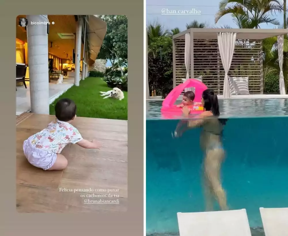 Bruna, namorada de Neymar Jr., brincando com bebê na piscina da mansão