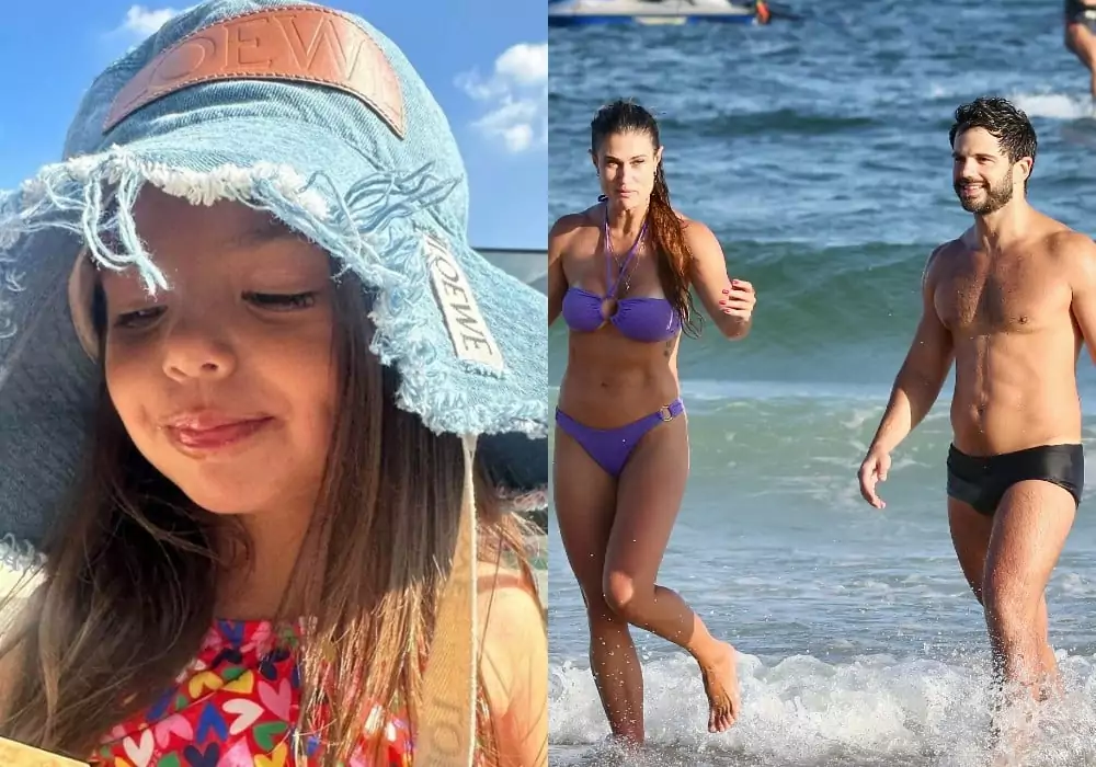 Sabrina Sato mostrando a filha Zoe e Duda Nagle esteve acompanhado na praia