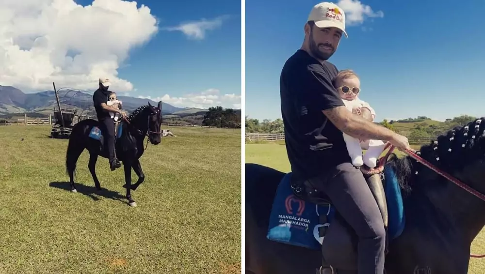 O surfista Pedro Scooby dando uma voltinha a cavalo com sua bebê de 4 meses