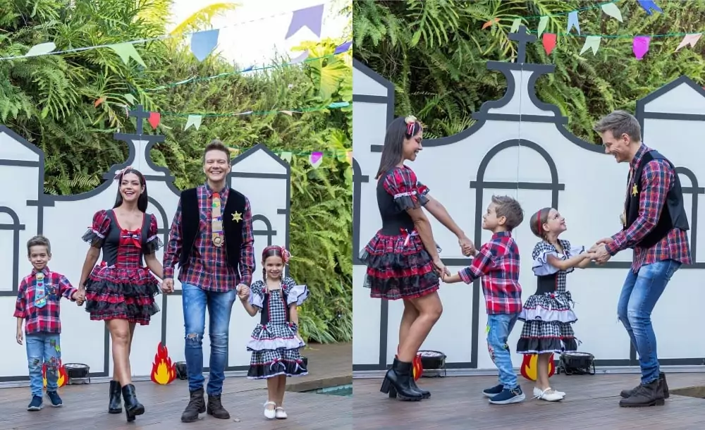 Michel Teló e Thaís se divertem com os filhos em festa na mansão