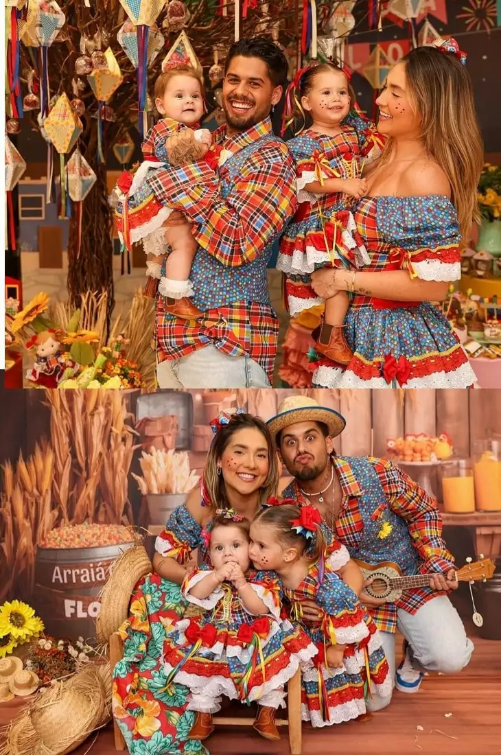 Zé Felipe e a esposa posam com as filhas na festa da caçula