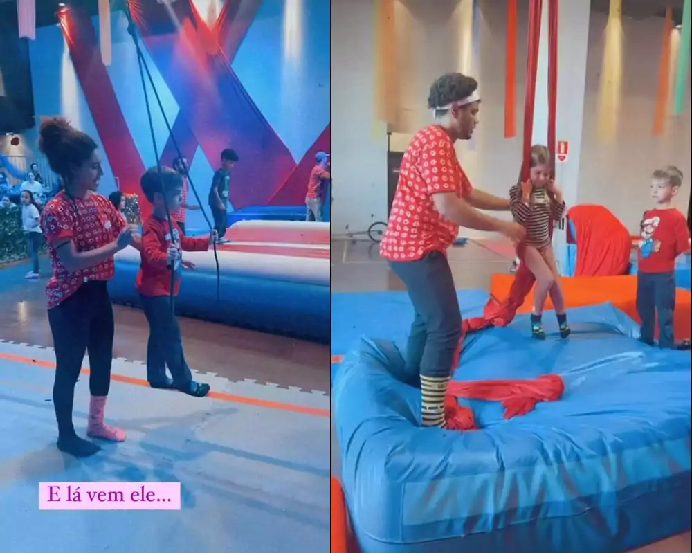 Filhos de Michel Teló se divertem em oficina de circo