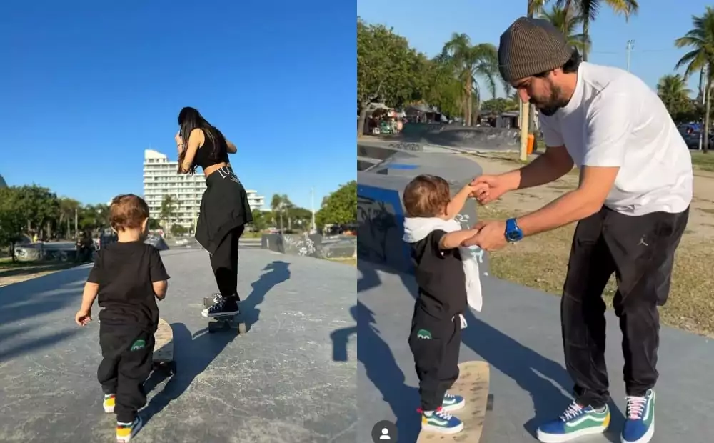 Thaila Ayala e Renato Góes andam de skate com seu filho
