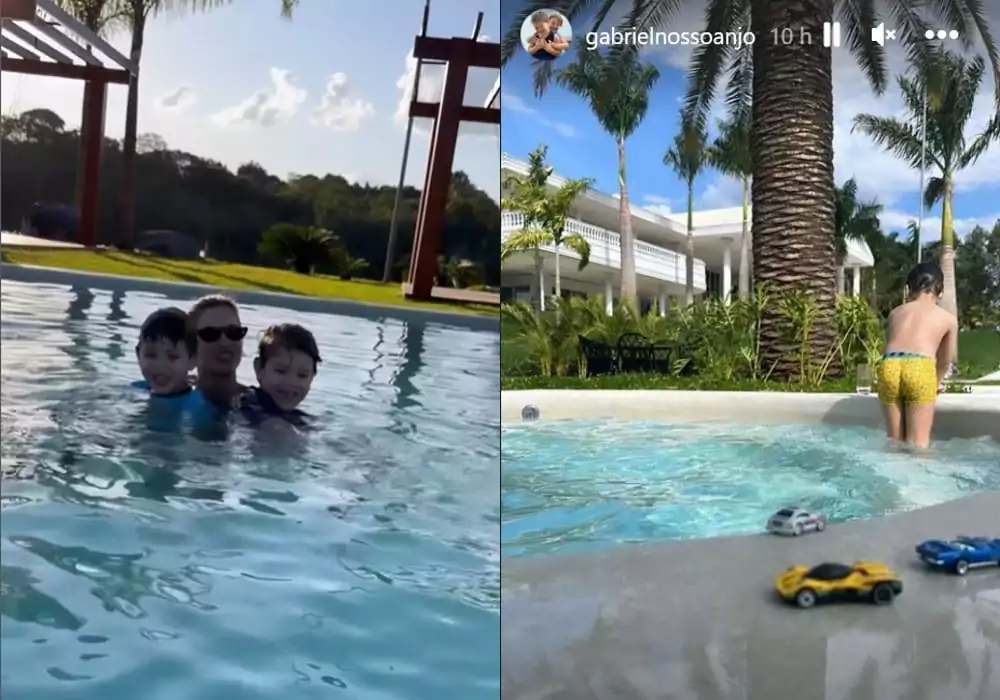 Andressa Suita e os filhos na piscina
