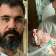 Juliano Cazarré mostra sua bebê na missa pela 1ª vez