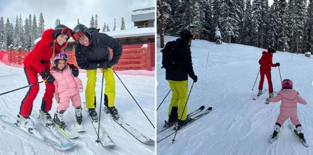 Filha de três anos de Kaká posa com os pais em viagem para esquiar