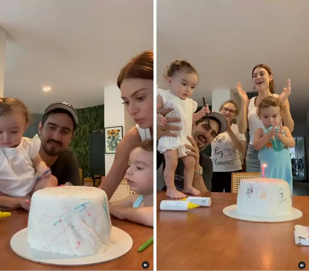 A família de Thaila Ayala confeitando o bolo da Tereza