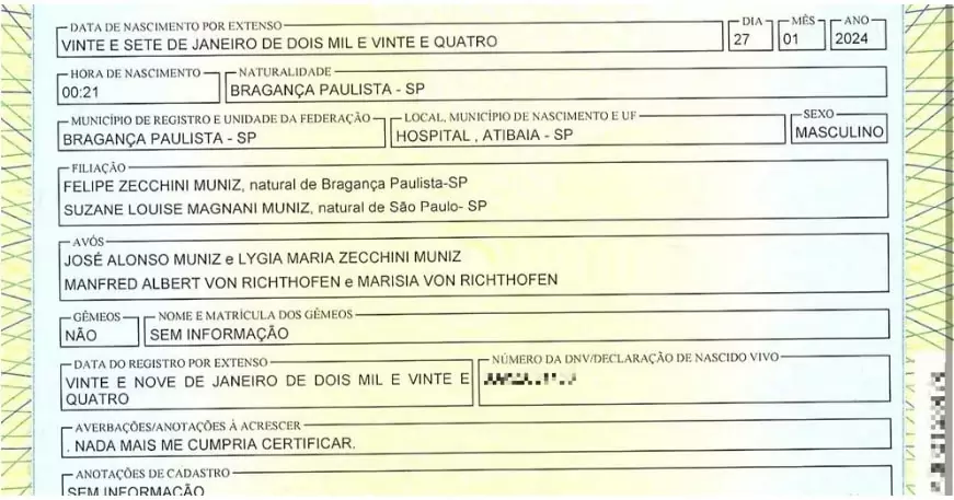 Trecho da certidão de nascimento do filho de Suzane Von Richthofen