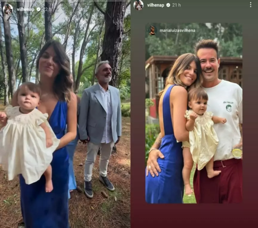Paulinho Vilhena surge com sua bebê em festa de casamento no Uruguai e impressiona 