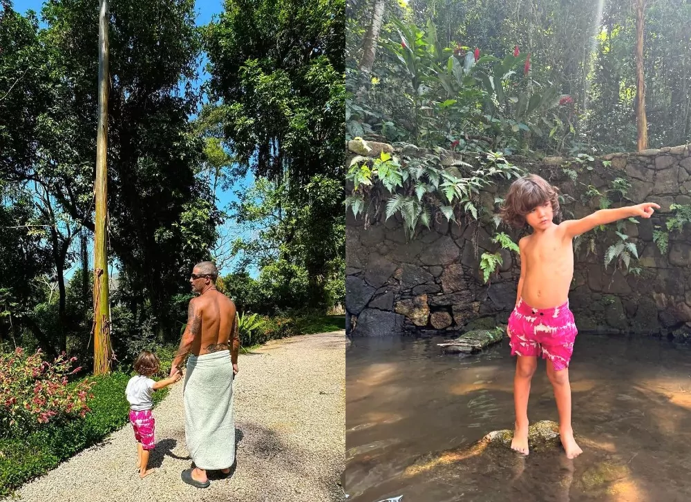 Bruno Gagliasso surge em cachoeira com o filho