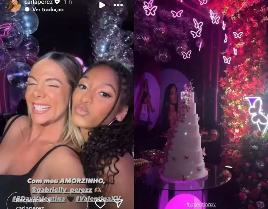 Carla Perez junto com a sobrinha na festa de 15 anos