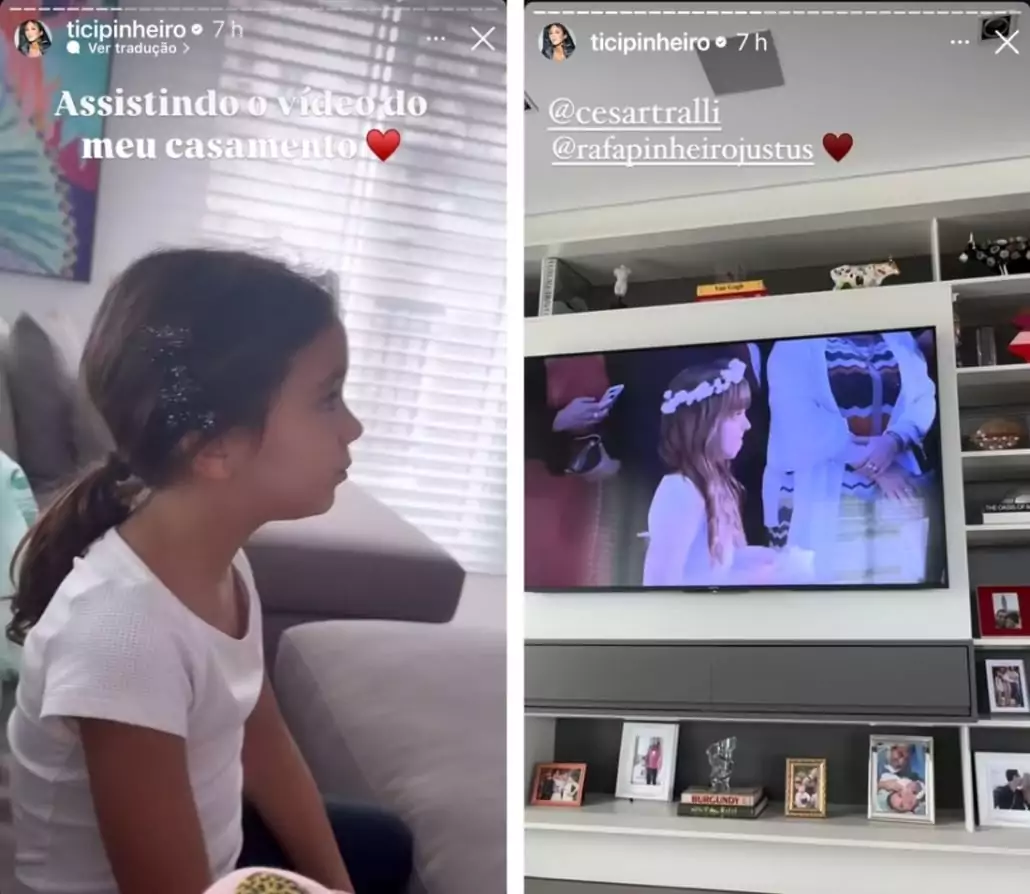 Manu, filha de Tici e César Tralli, vendo a irmã de daminha