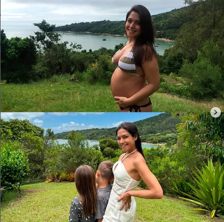 Thaís Fersoza quando estava grávida e agora com seus filhos