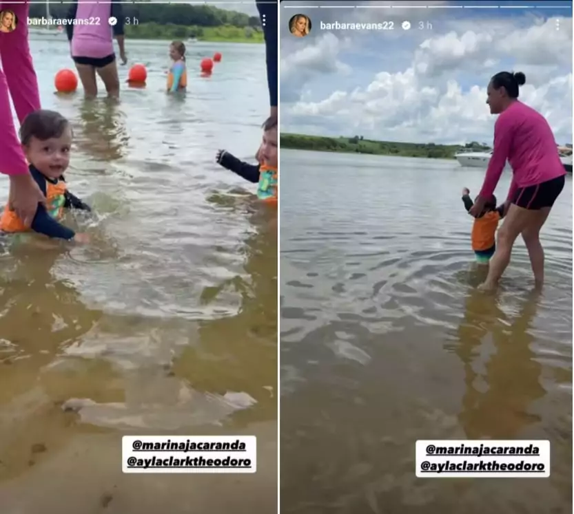 Gêmeos de Bárbara Evans surpreendem ao surgirem com as babás tomando banho de rio