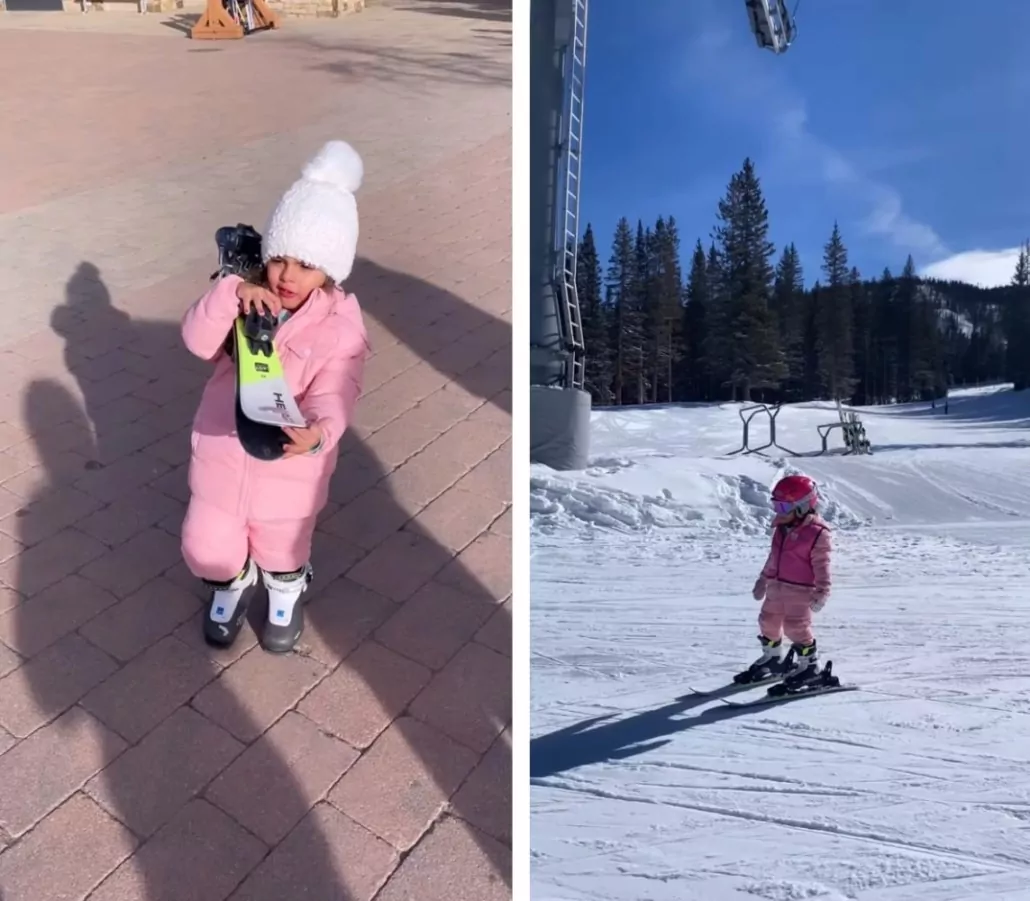 Esther, filha de Carol e Kaká, esquiando na neve