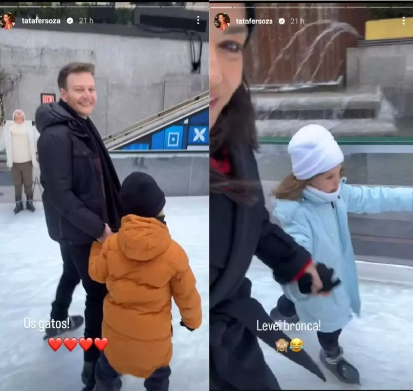 Michel Teló e Thaís Fersoza posam com os filhos em pista de patinação no gelo nos EUA e impressionam 