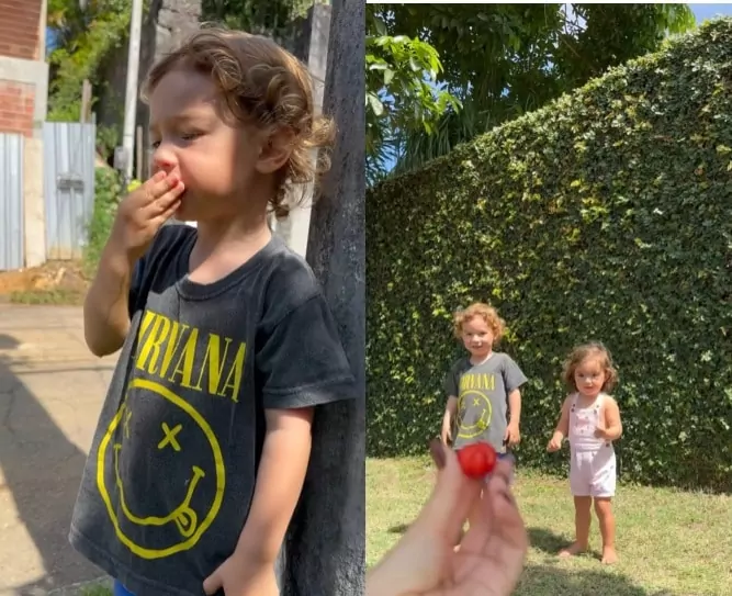 Filhos de Renato Góes e Thaila Ayala surgem comendo acerola e encantam 